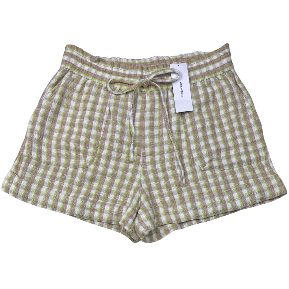 New Urban Outfitters Plaid Linen Blend Drawstring Shorts Womens M Tan Green Chic